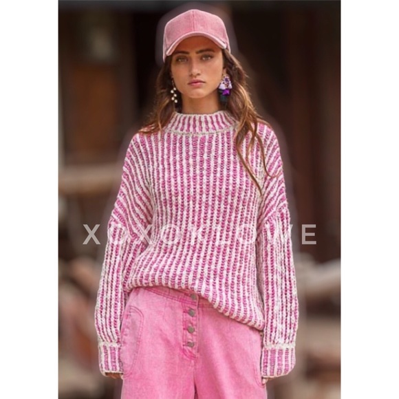 POL Hot Pink + White Striped Turtleneck Sweater Relaxed Fit - Picture 3 of 13